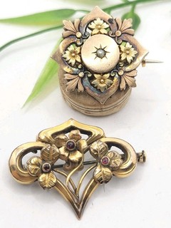 Lot 2 Broches Ancienne Art Nouveau Fix Plaqué Or Bijoux Ancien TBE