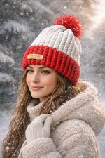 Handmade Chunky Knit Beanie Red White Pom Pom Hat Cozy Winter Warm Soft Unisex