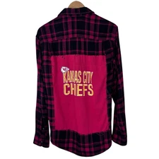 Kansas City Chiefs Womens Upcycled Flannel Shirt Size M Red Plaid Gameday Artsy