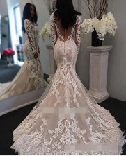 Long Sleeved Mermaid Wedding Dress High Neck Lace Applique Chiffon Bridal Gown