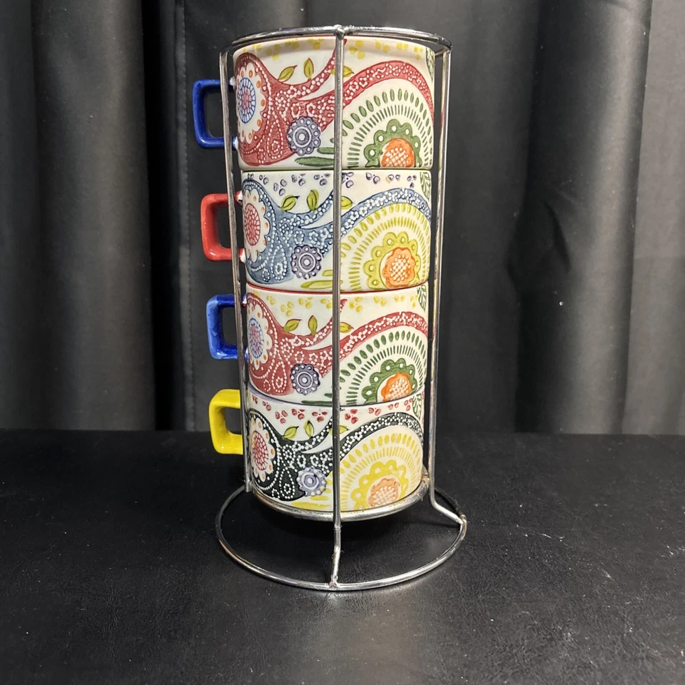 Pier 1 Importaciones Tazas de Café Apilables 4 Multicolor Geométricas con Estante de Metal Foto 3 de 4