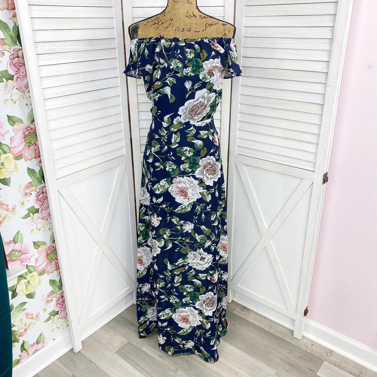 Betsey Johnson Dress Women 4 Maxi Floral Off The Shoulder Ruffle Navy Blue White