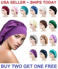Women Satin Night Sleep Cap Hair Bonnet Hat Silk Head Cover Wide Elastic Band