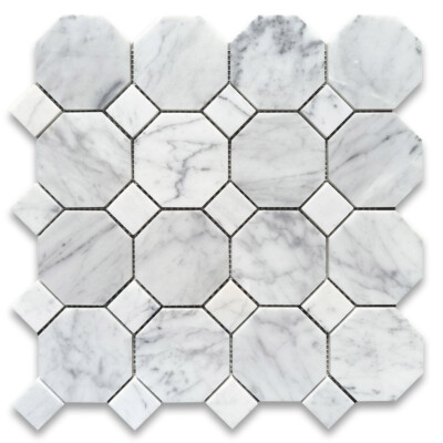 C810XH Carrara White Marble 3'' Octagon Mosaic Wall Floor Tile Matte Venato