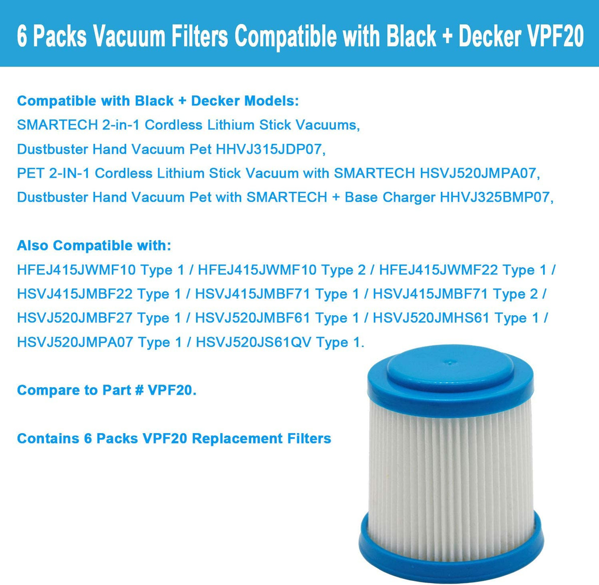 Lemige 6 Packs Vpf20 Replacement Filters for Black and Decker Smartech Pet Lithium 2-in-1 Cordless Stick Vacuum