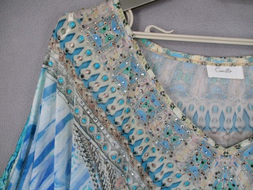 Camilla Top Womens One Size Blue Embellished Kaftan Knit Stretch Tunic Boho - Picture 7 of 22
