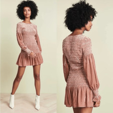 LoveShackFancy Scarlett Crushed Velvet Smocked Mini Dress in Cinnabar Size XS