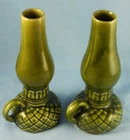Vintage Pair of GREEN “Oil Lamp Shape” Pottery Vases - Unmarked McCoy