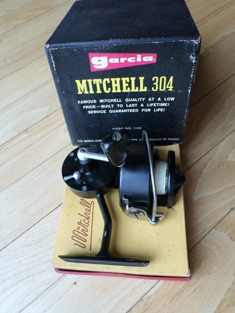 VTG Garcia Mitchell Model 304 Open Spinning Face Antique Fishing Reel in Box