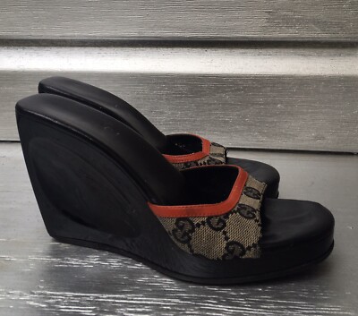 GUCCI Vintage Black Platform Open Toe Monogram Canvas Slide Wedge Heels  RARE!!