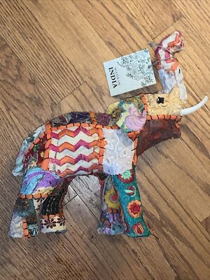 ELEPHANT Good Luck Trunk ALL THE WAY UP Anglo Raj Sari ARTISAN Patchwork NEW  