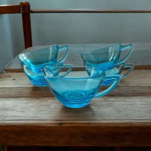 VTG Hazel Atlas Aqua Blue Glass Tea Coffee Cups Mugs Hobnail 4 Cups 1 Creamer