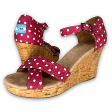 Toms Women's Pinkish Red Polka Dot Linen Woven Cork Wedge Sandals Size 9.5