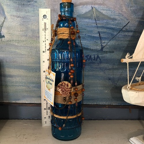 BEACHSIDE NEST Blue Glass Decorative Bottle w/Cork 12.75" Shabby Chic Beach - Picture 11 of 12
