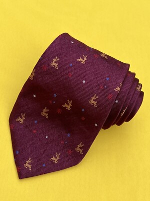Authentic TED LAPIDUS Run Deer Snow Design On Maroon 100% Silk Necktie Tie