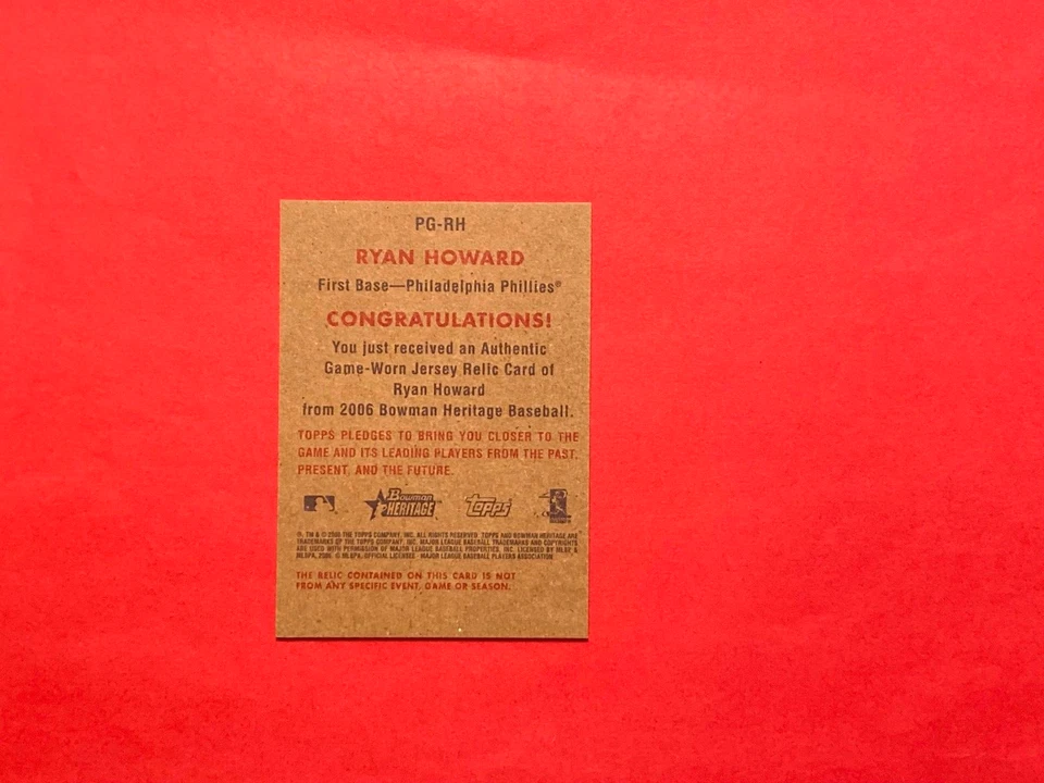 2006 Bowman Heritage Pieces of Greatness #RH Ryan Howard *Game Jersey* MT - Image 2 of 2