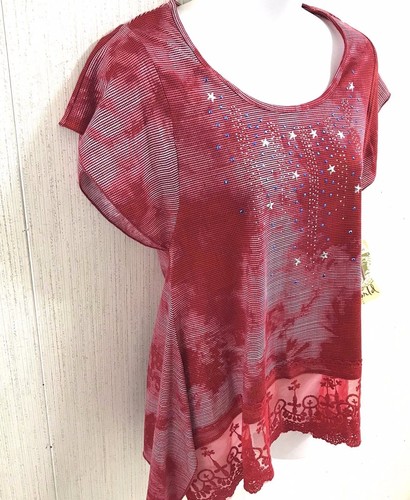 NUEVO CON ETIQUETAS Blusa Top Mujer Estrellas Adornada Roja X S Tie Dye Encaje Asimétrico - Imagen 2 de 11