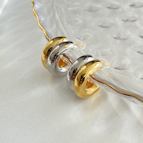 Double Layer C Shape Stainless Steel 18K Gold Hoop Earrings Bicolor Punk Jewelry - Picture 8 of 12
