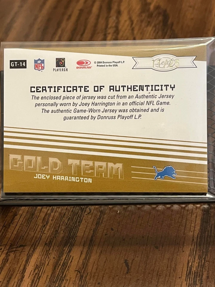 JOEY HARRINGTON 2004 LEAF CERTIFIED GOLD TEAM "24K" LIONS JERSEY PATCH RELIC /25 - Image 2 of 2