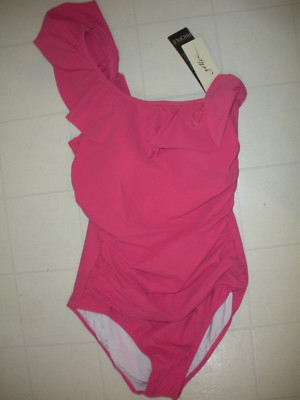 Profile Gottex Rose Tutti Frutti 1 Pc 1 Shoulder Ruffle Swimsuit Sz 14 NWT