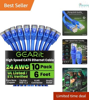Cat 6 Ethernet Cable Pack 6 ft Blue 10-Pack High-Speed Network Cables for PC