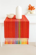 Table Runner - Wide with Dobby Stripe, Heavy Ribbed Weave  Double Knot Fring...