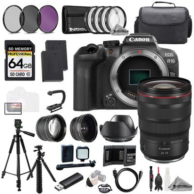 Canon EOS R10 + RF 24-70mm f/2.8L IS USM Lens+64GB+ExtBat+9PCFltr-MEGAKit