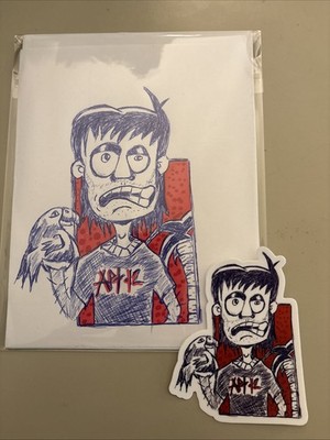 6x8 Original Art W/Ball Point Pen & Sticker - Pete & His Parrot