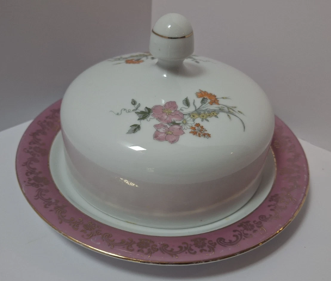 Vintage Round Butter Plate & Dome Lid White w/Pink Floral Border Porcelain GDR