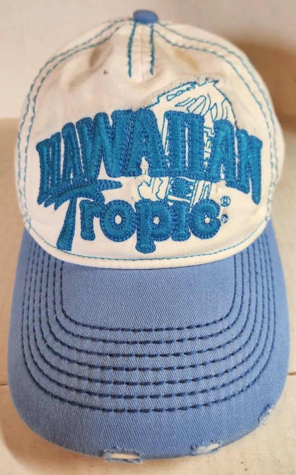 Hawaiian Tropic Blue/White Distressed Look Strap Back Hat - Image 1 of 4