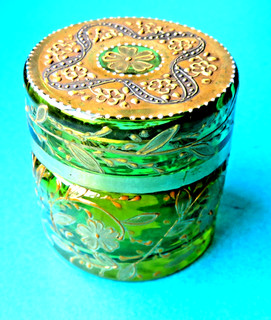 ANTIQUE MINIATURE MOSER TYPE GLASS JAR GOLD WORK FORGET ME NOTS.