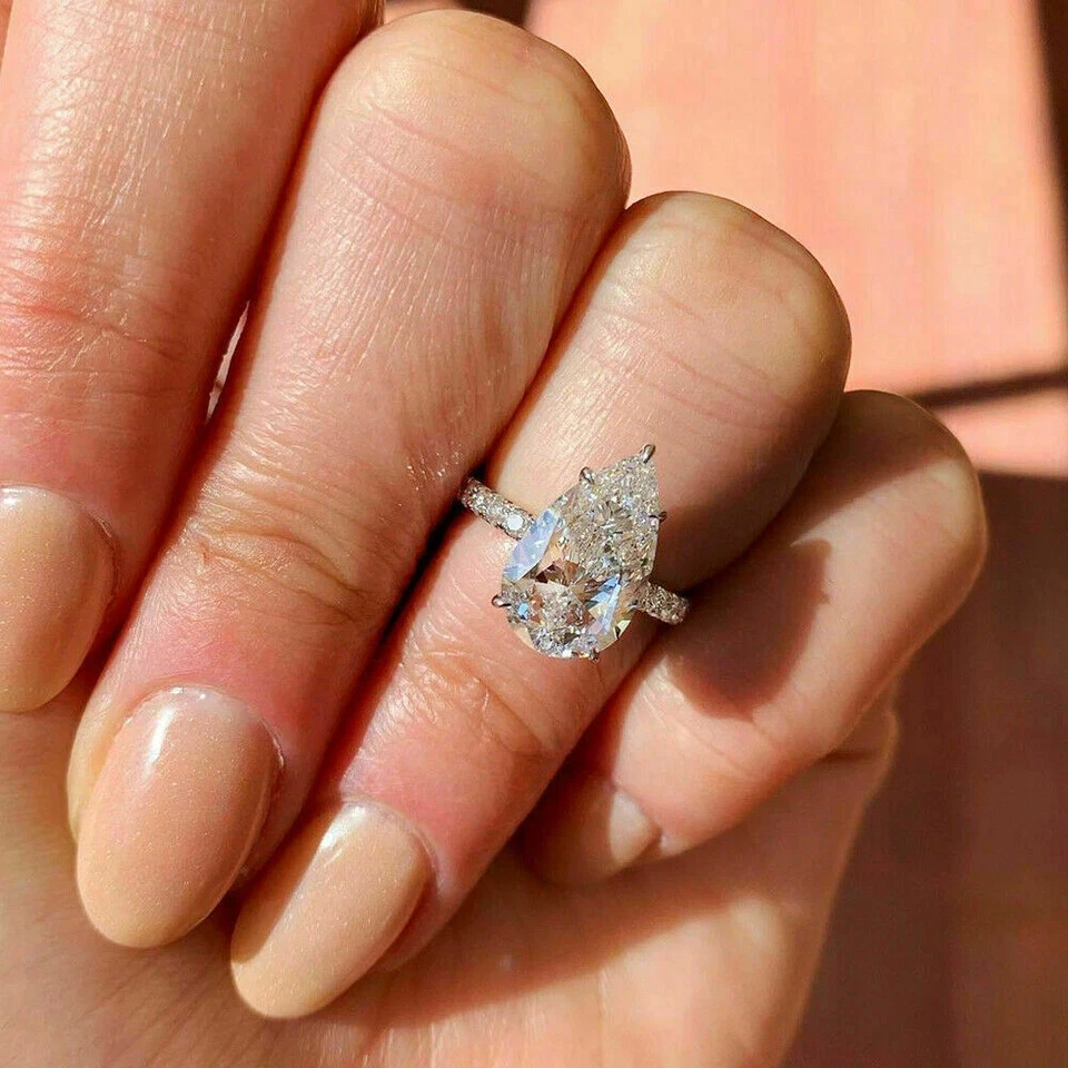 4Ct Pear Cut Lab Created Diamond Solitaire Engagement Ring 14K White Gold Plated - Image 2 of 4