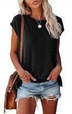 Women's Short Cap Sleeve Shirts Solid Loose Fit Tops
