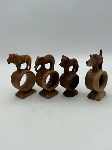 Set of 4 Hand Carved Wooden Jungle Animals Napkin Rings Made in Kenya
