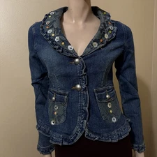 Women’s Blue Cotton Denim Casual Stretch Slim Beaded Lace Size L Jacket Blazer