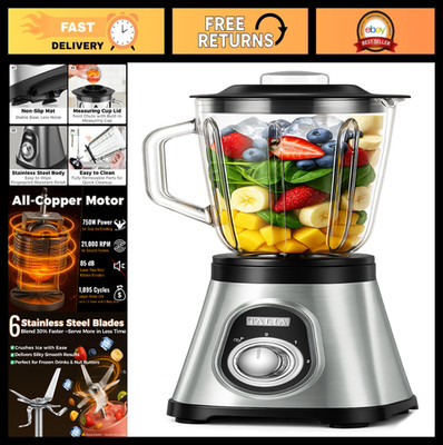 High-Power Smoothie Blender 750W for Ice Crushing & Shakes, 48oz Glass Jar, 6 Bl