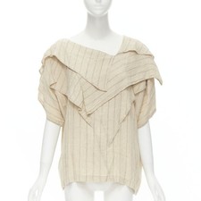 ISSEY MIYAKE 1980's Vintage beige striped linen waterfall ruffle top S Rare