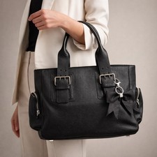 Furla Black Pebbled Leather Satchel Shoulder Bag Silver Hardware Olive Lining