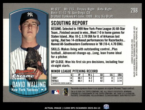 2000 Bowman Chrome #298 DAVID WALLING NM New York Yankees - Picture 2 of 2