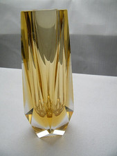 Murano Blockvase Sommerso 2farbig Facettenschliff gelb Vintage 70er Jahre 20 cm