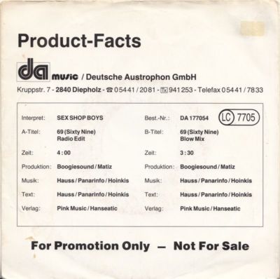 SEX SHOP BOYS 69 Sixty Nine | 7'' Promo Single - german Austrophon Tribe