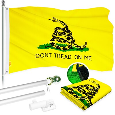 G128 5ft Aluminum Flagpole (Silver) & Gadsden Flag Embroidered 2x3ft