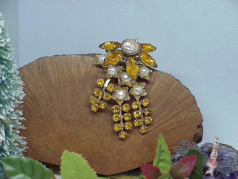 Vintage Baroque Pearl & Amber Rhinestone Brooch Judy Lee 40's "Early" High End