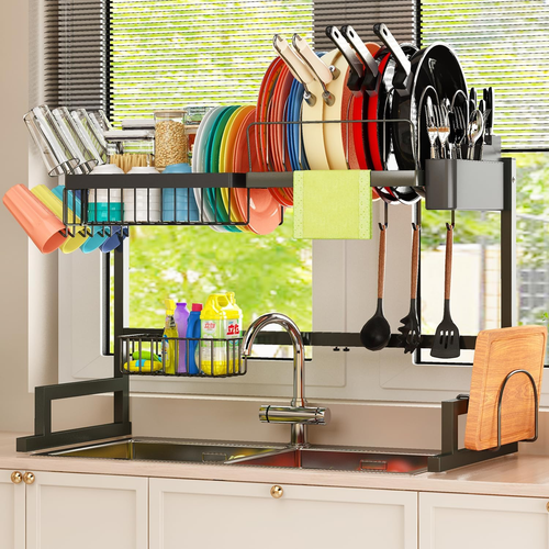 Over Sink Dish Drying Rack (Expandable Height/Length) Snap-On Design Large Dish