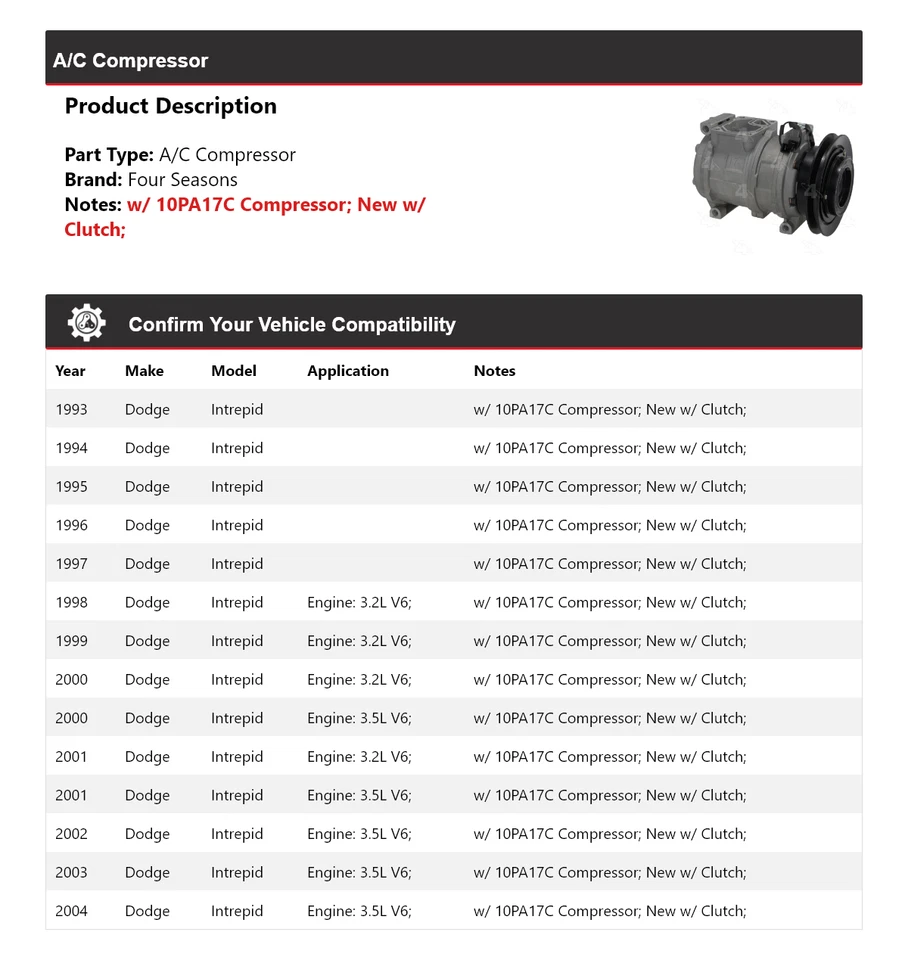 Compresor de aire acondicionado Dodge Intrepid 1993-2004 4 estaciones 1994 1995 1996 1997 1998 Foto 2 de 4