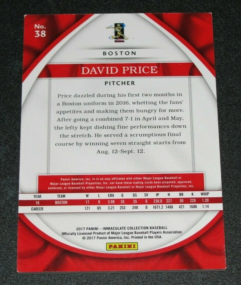 2017 Immaculate DAVID PRICE #38 Red Foil Variant/25 Boston RED SOX - Vanderbilt - Image 2 of 2