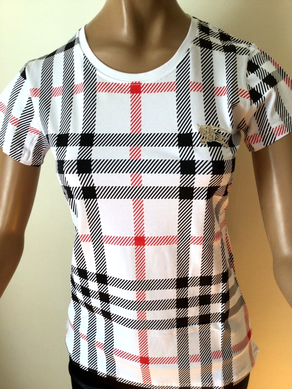 NEW BURBERRY LONDON  WHITE/BLACK/RED COTTON STRETCHED TOP SIZE XL