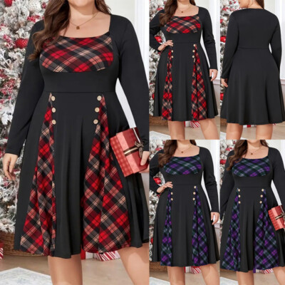Plus Size Christmas Women Plaid Check A-Line Dress Party Cocktail Midi  Dresses | eBay