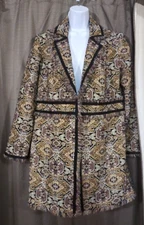 CHICOS SZ 1 JACQUARD METALLIC FRINGE TRIM JACKET LINED AZTEC TAPETSRY