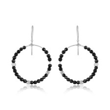 Black Onyx Beaded Gemstone 925 Silver Dangle Hoop Earrings Women's Jewelry
